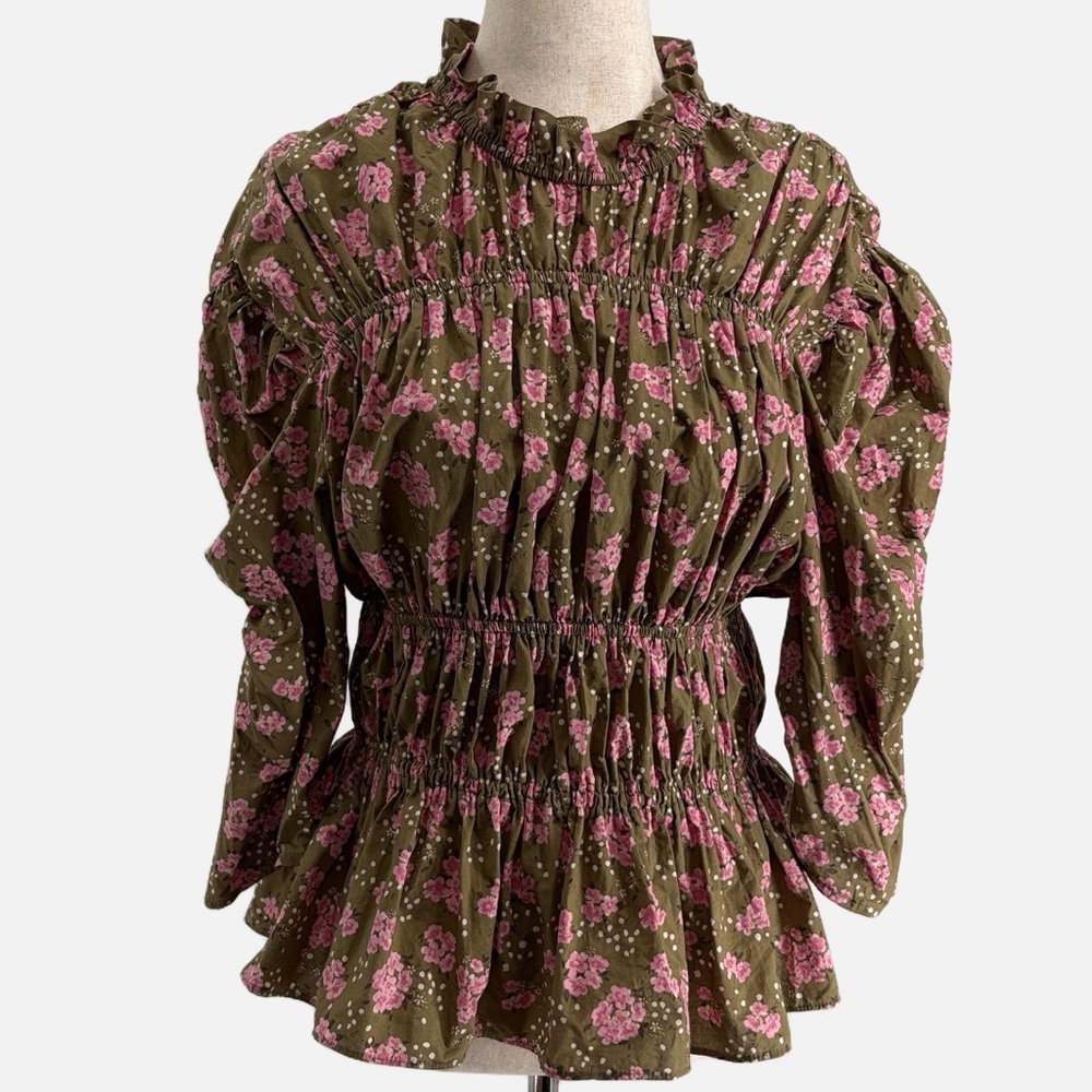 Ghospell Floral Ruched Cotton Blouse in Pink & Olive - Size Medium